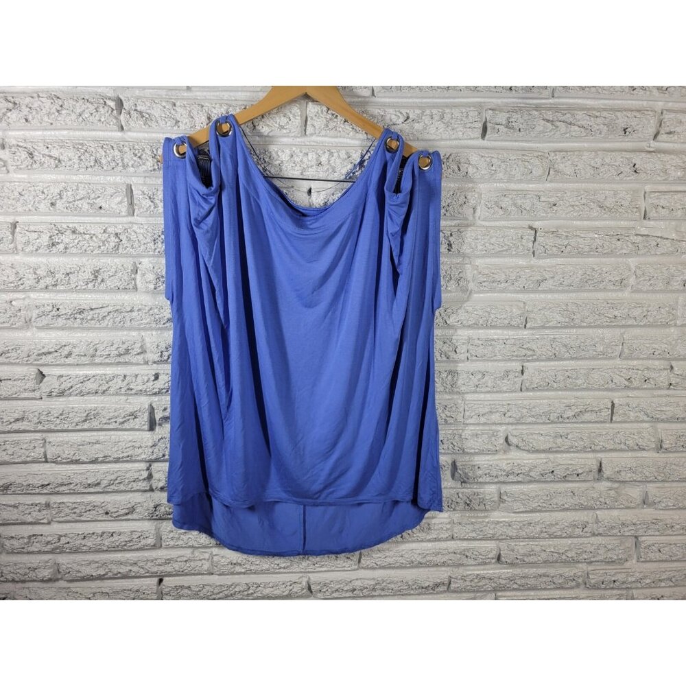Cable Gauge 1X Womens Blue Sleeveless Cold Shoulder Round Neck Top Blouse BLU12E